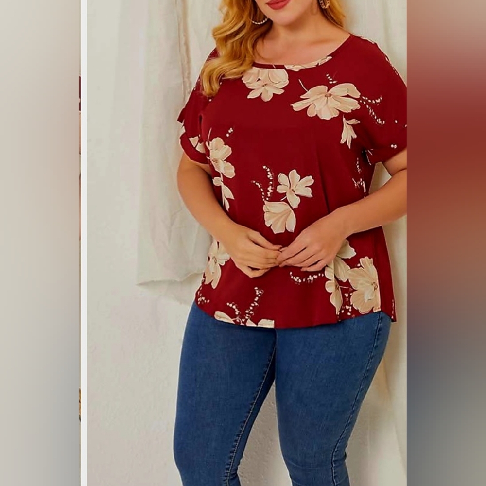SHEIN Red Cream Floral Print Short Sleeve Top Size 1XL